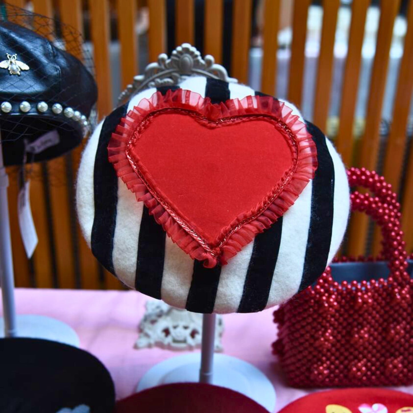 Striped Velvet Heart Beret Hat