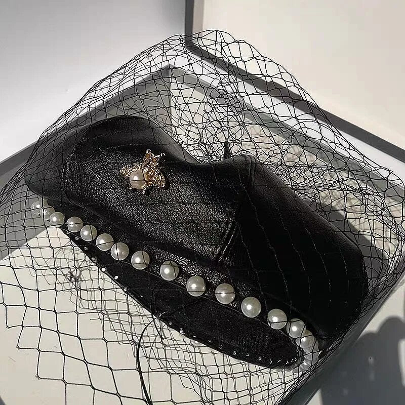Vegan Leather Pearl Beret Hat