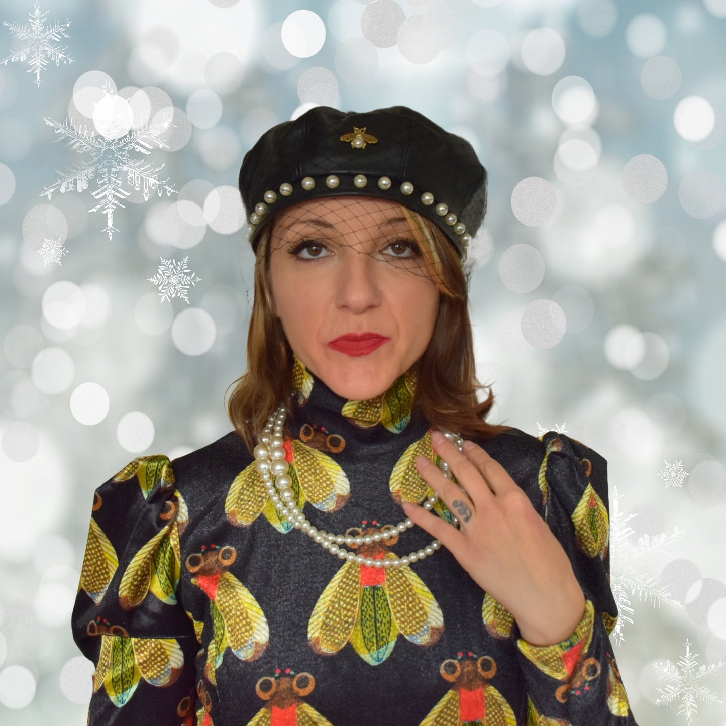 Vegan Leather Pearl Beret Hat