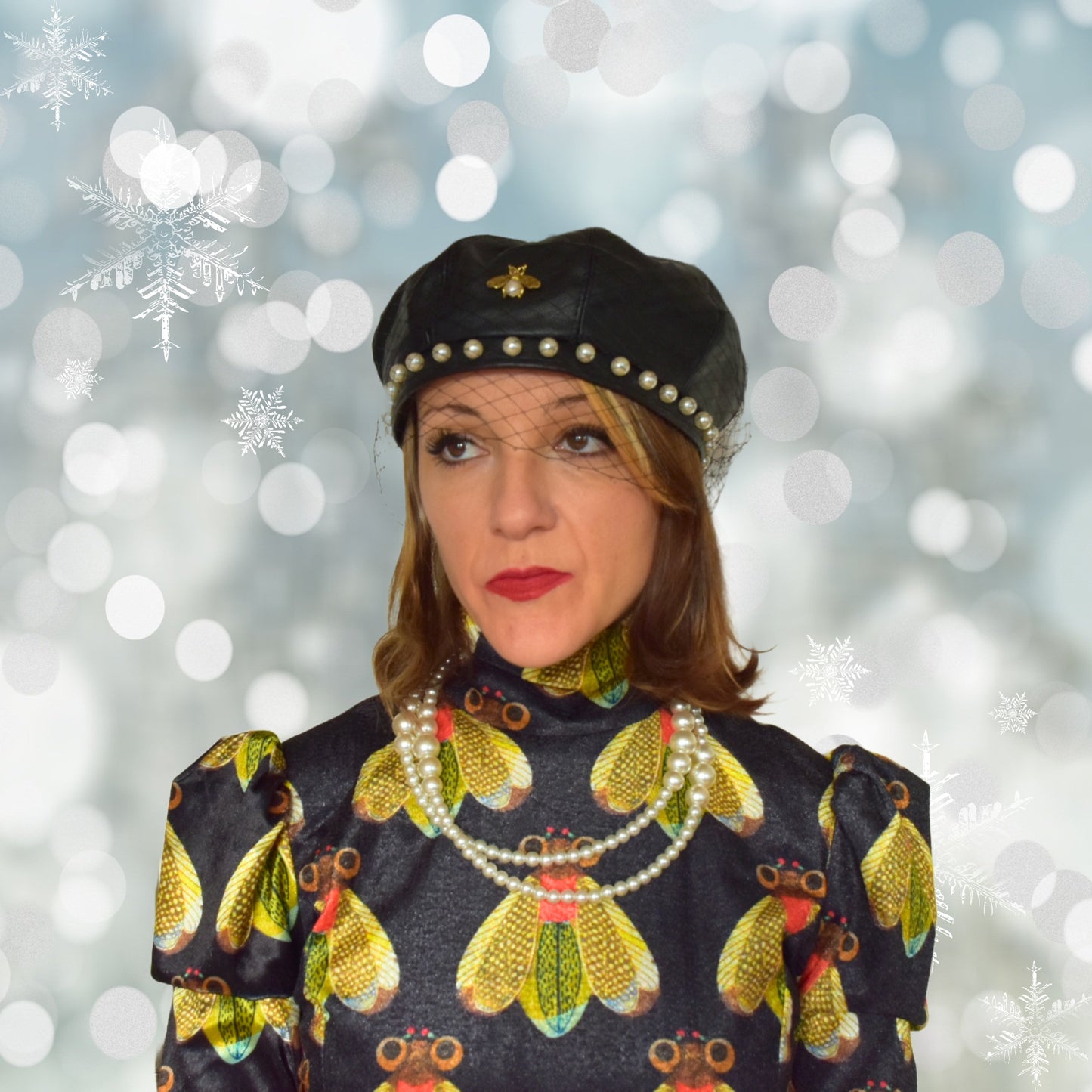 Vegan Leather Pearl Beret Hat