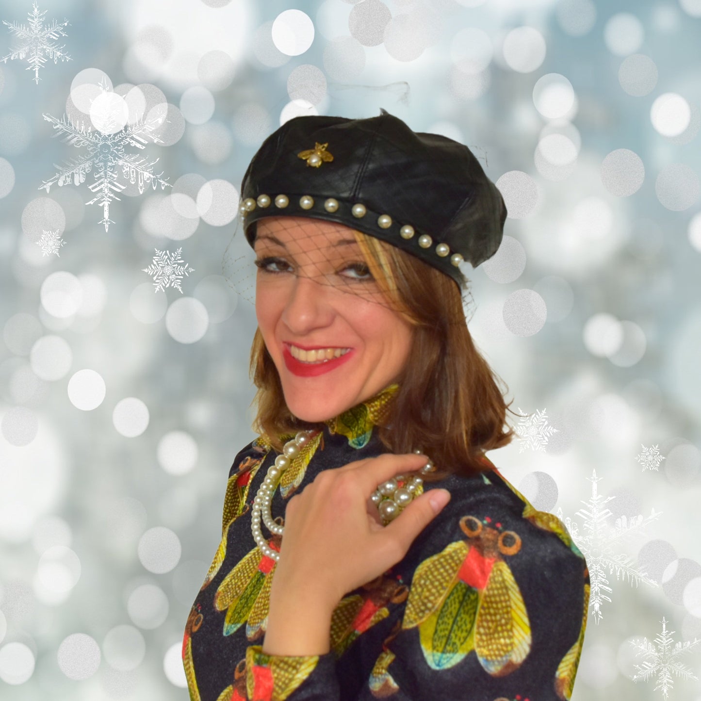 Vegan Leather Pearl Beret Hat