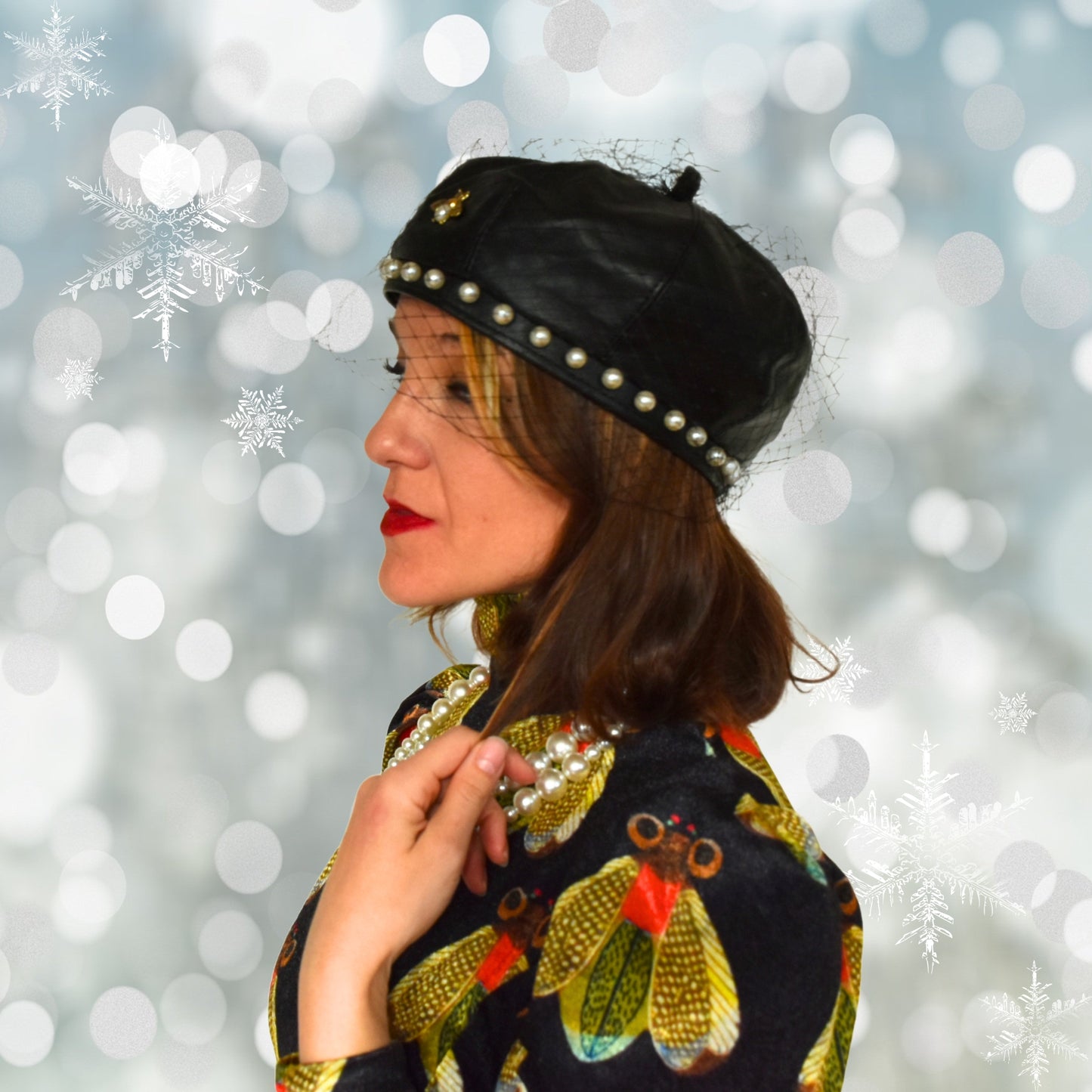 Vegan Leather Pearl Beret Hat