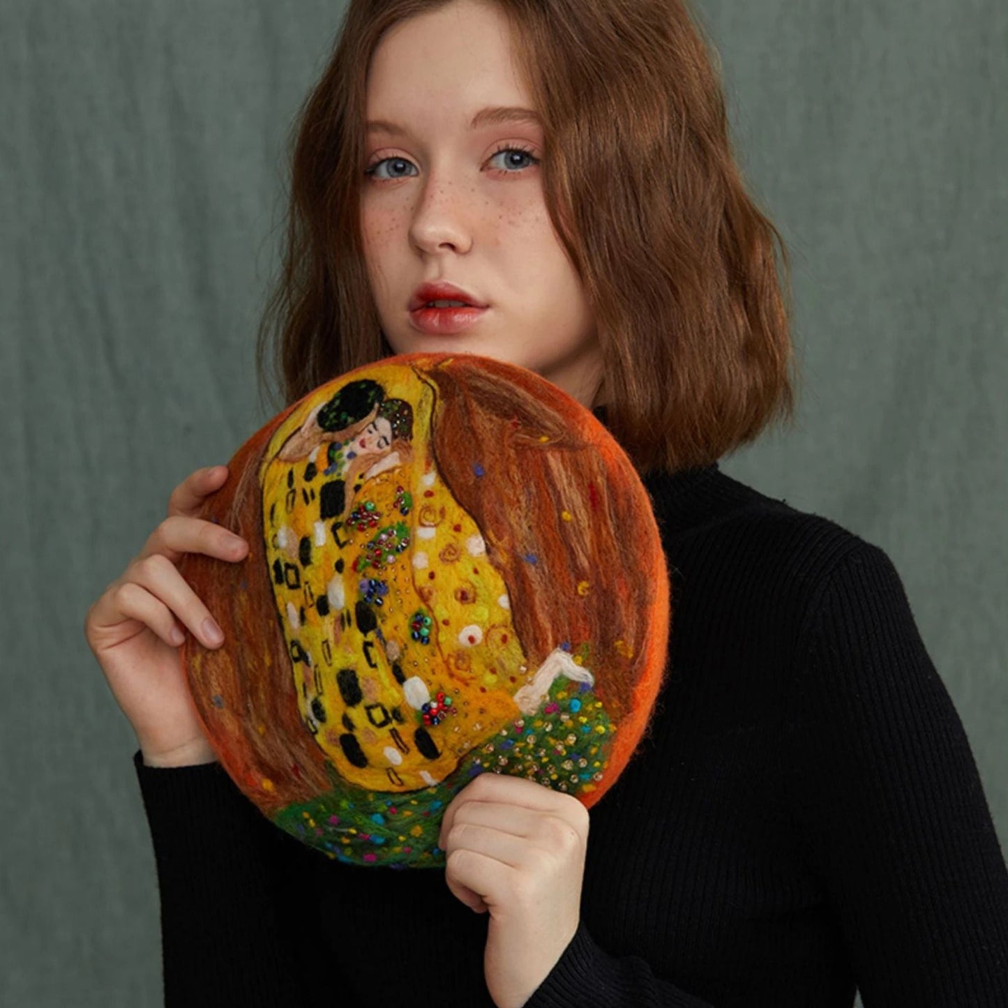 Handmade Wool Beret Hat for Women Gustav Klimt Kiss Painting - Dedais Slow Fashion