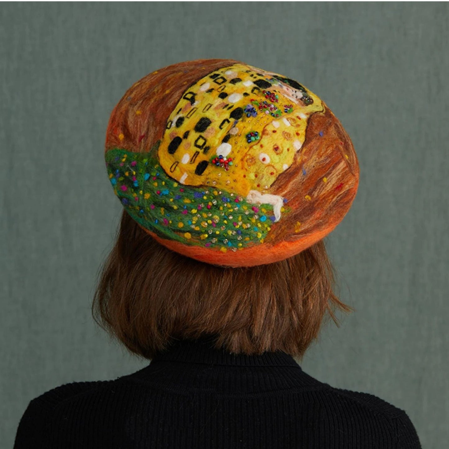 Handmade Wool Beret Hat for Women Gustav Klimt Kiss Painting - Dedais Slow Fashion