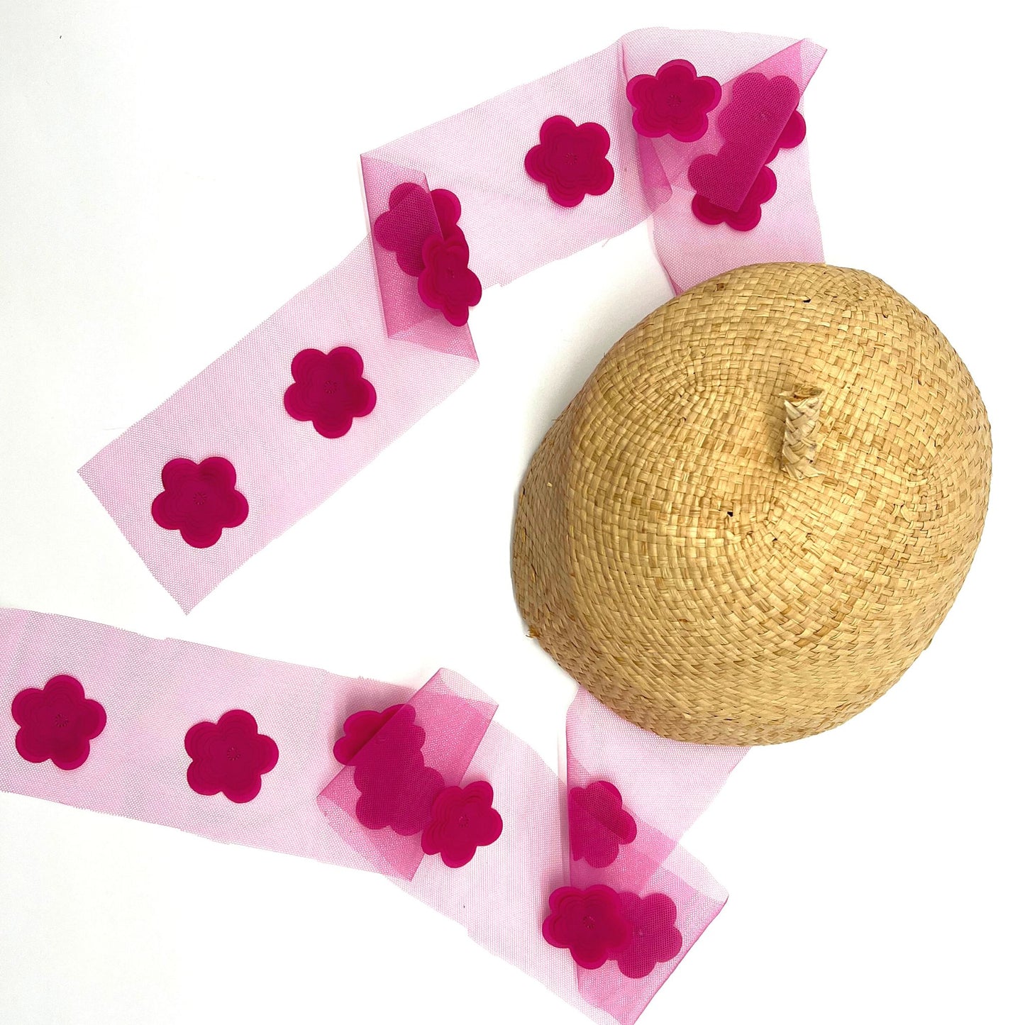 Straw Beret Hat with Pink Flowers for Girls