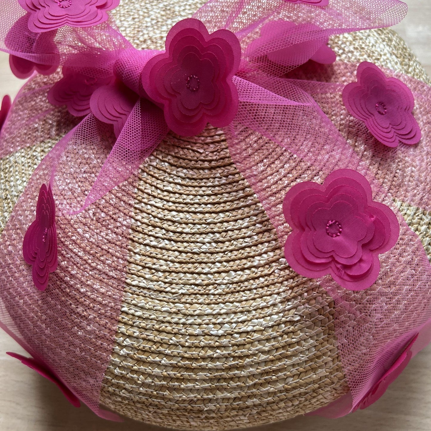 Straw Beret Hat with Pink Flowers for Women
