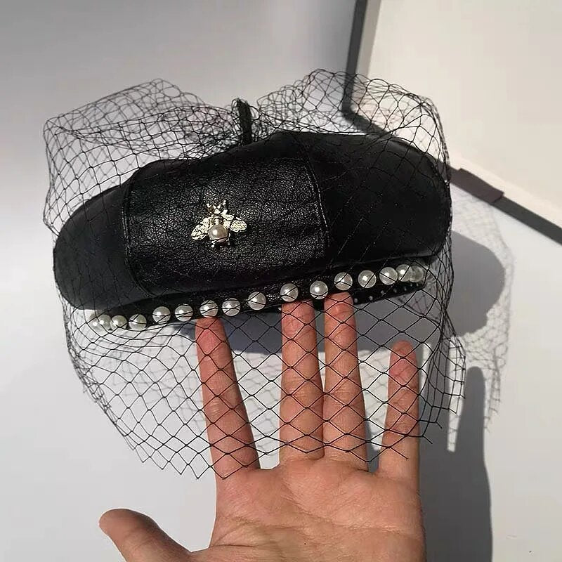 Vegan Leather Pearl Beret Hat