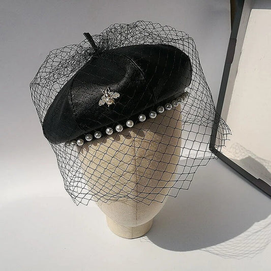 Vegan Leather Pearl Beret Hat