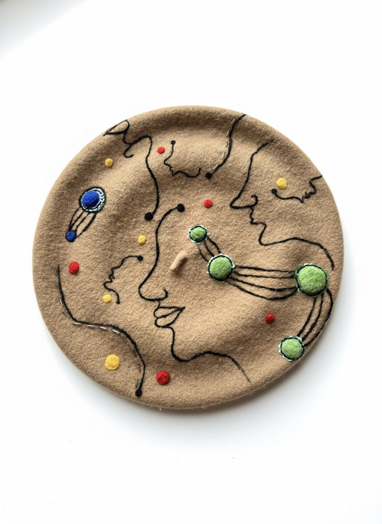 Ladies' beret hat with embroidered design of a face and planets on a beige background