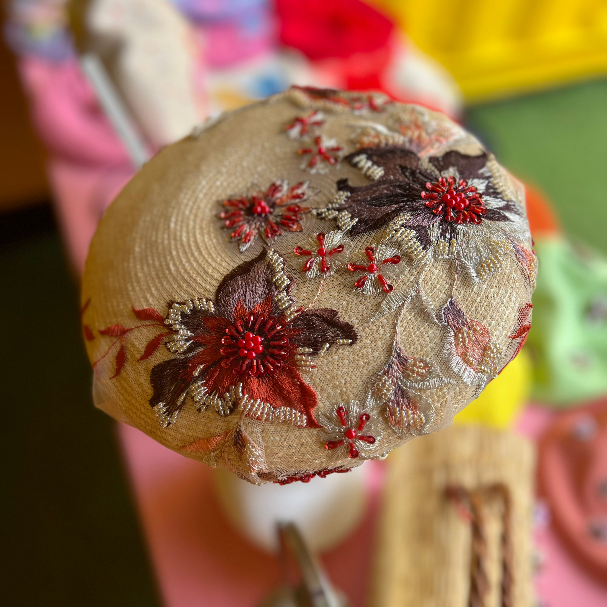 Straw Beret Hat with Embroidered Vintage Beads 