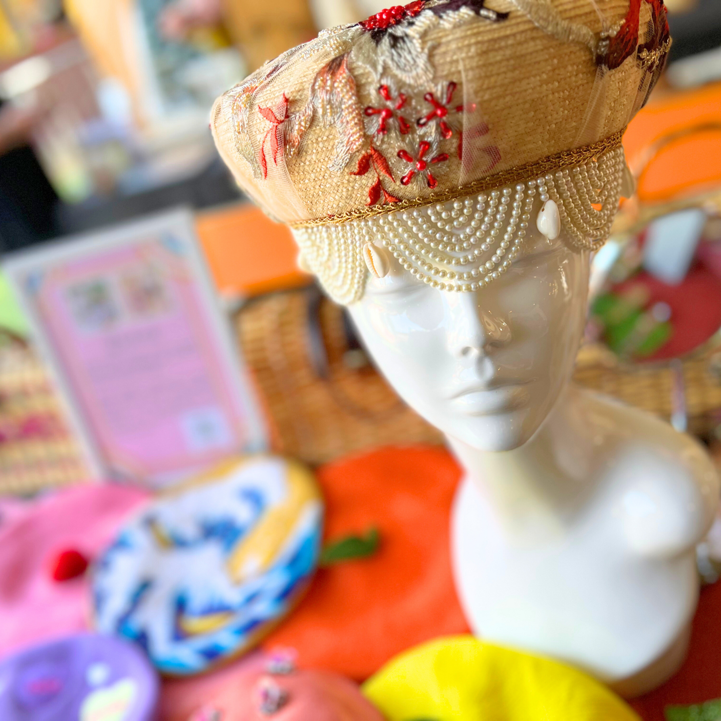 Straw Beret Hat with Embroidered Vintage Beads 