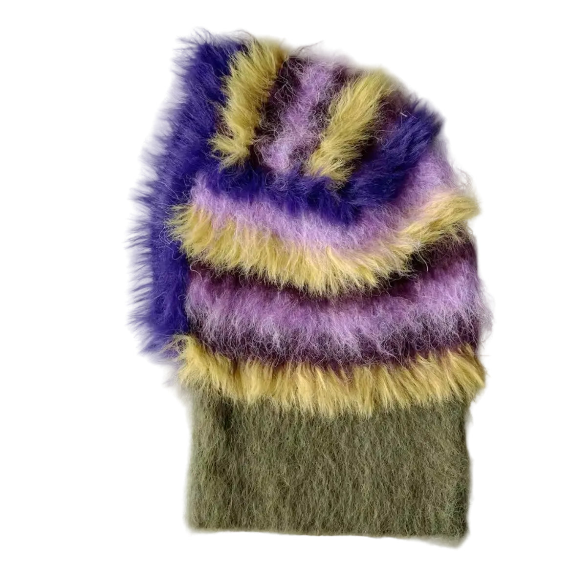Multicolored fluffy balaclava on a white surface