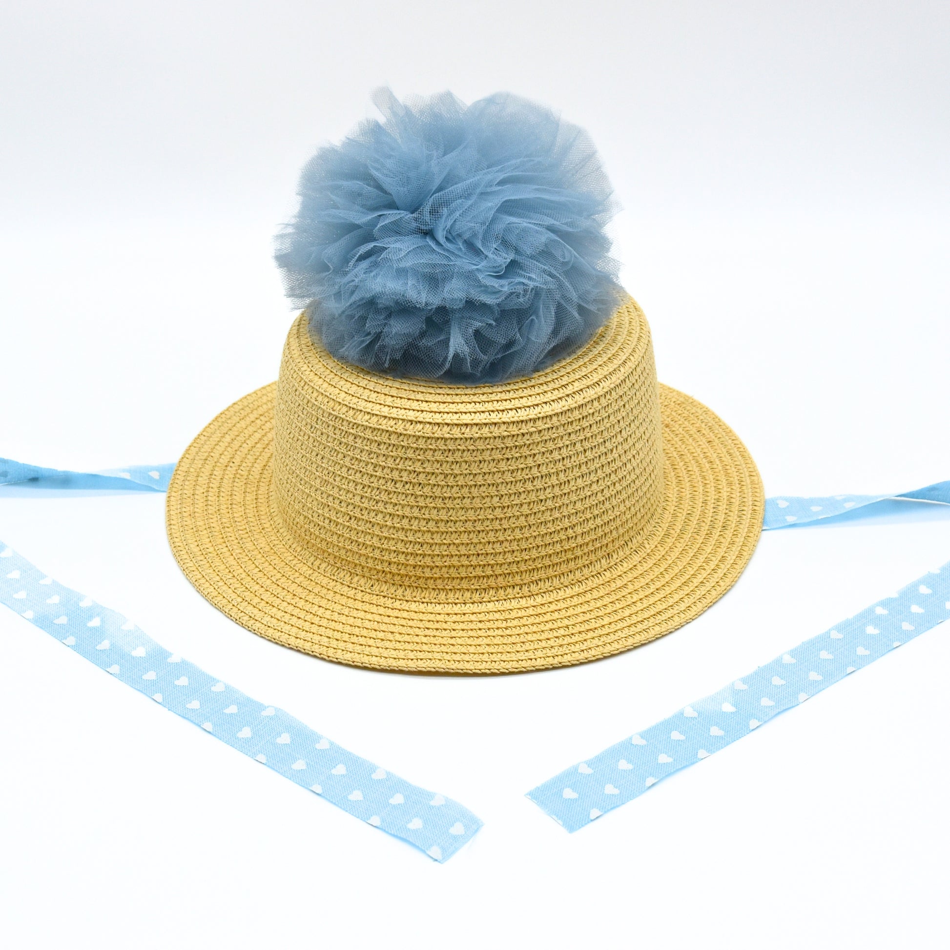 Straw Boater Hat with Blue Pompom for Women