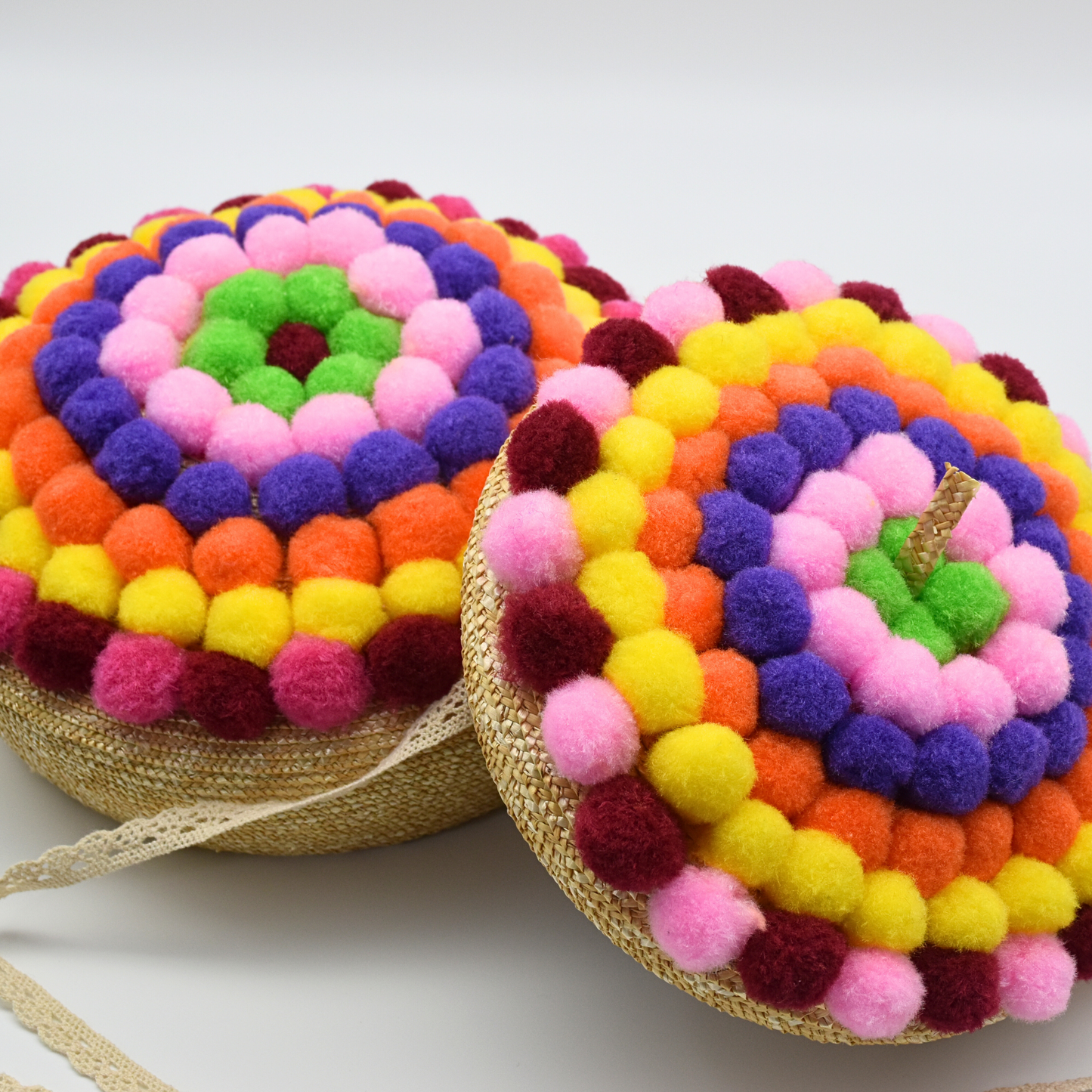 Pompoms Straw Beret Hat for Women and Children