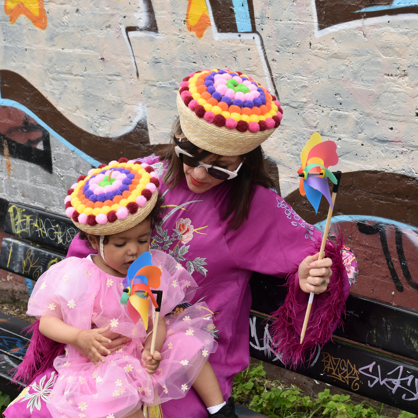 Pompoms Straw Beret Hat for Women and Children