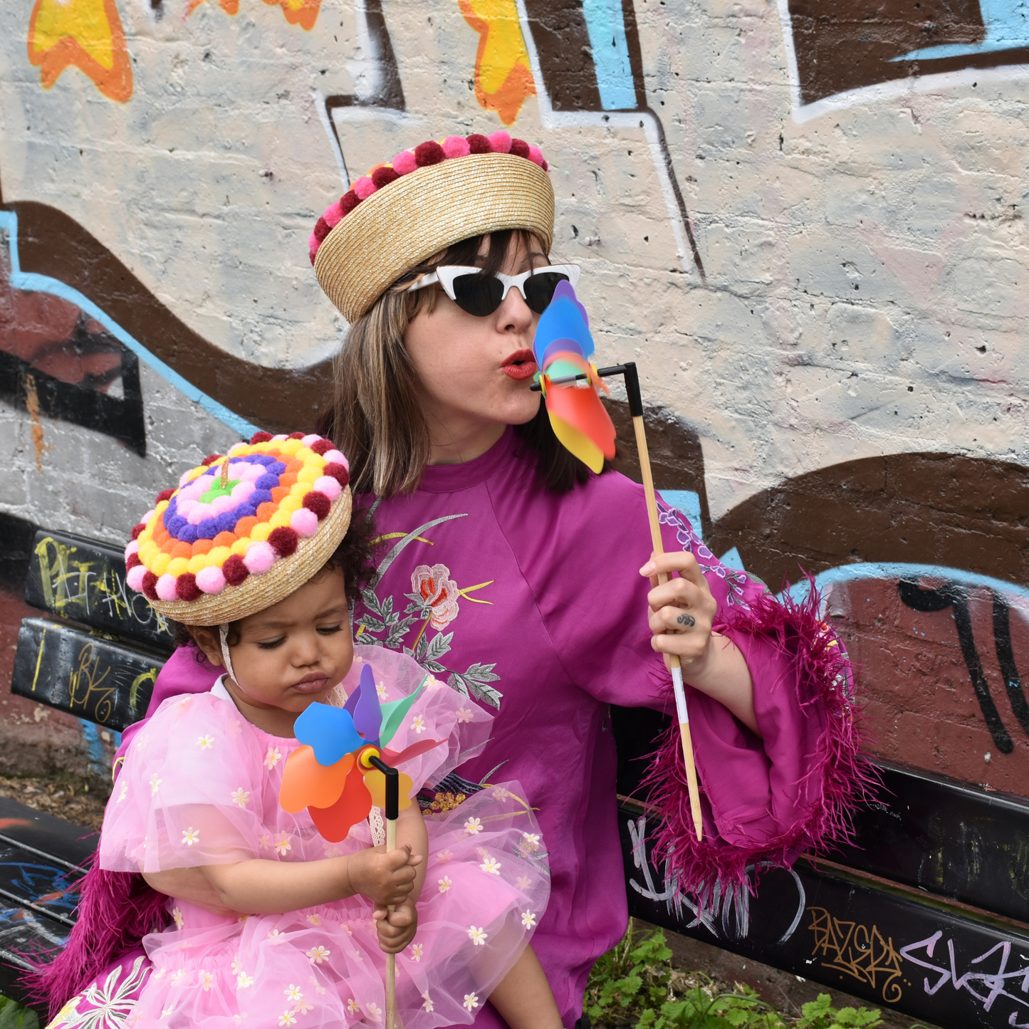 Pompoms Straw Beret Hat for Women and Children