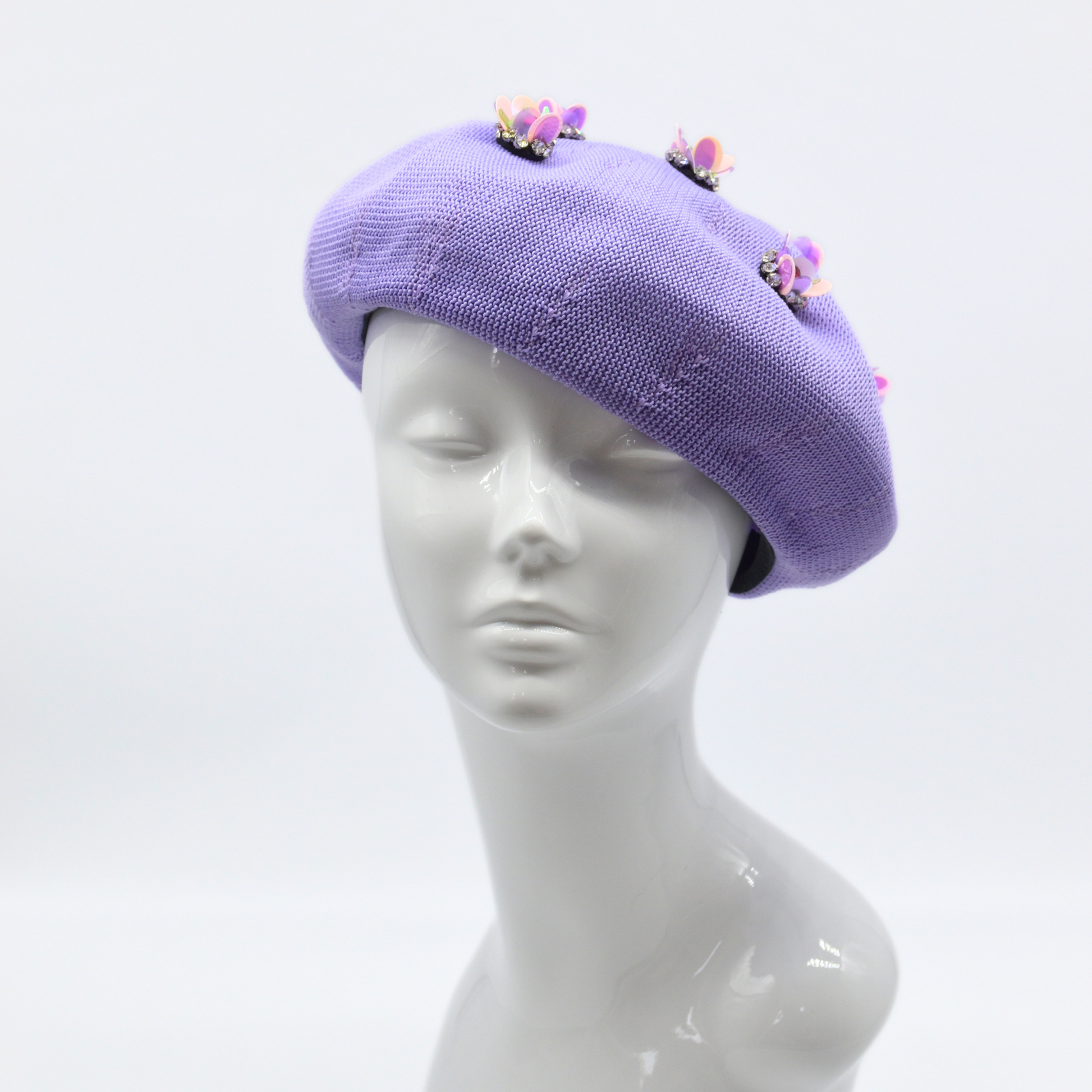 Summer Beret Hat Lilac Knitted Cotton