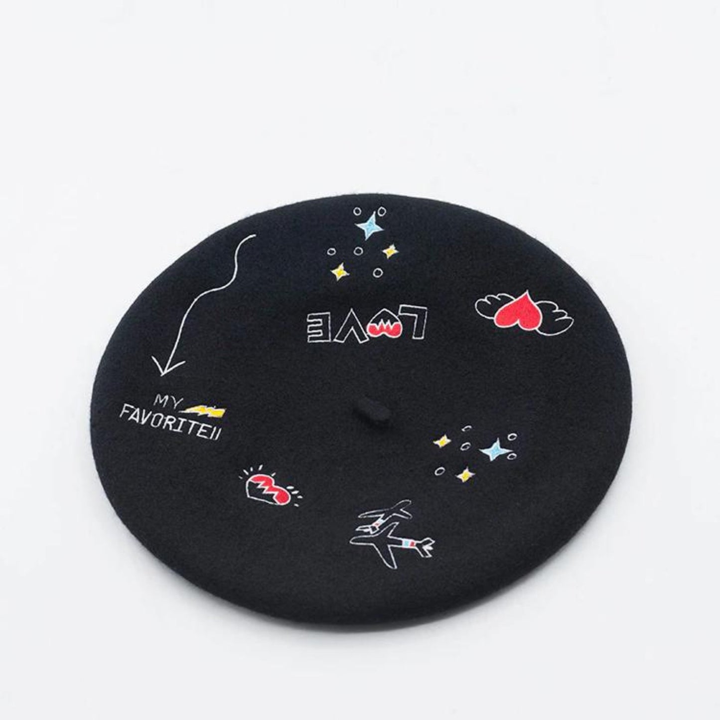 Embroidered Love Beret Hat Black - Dedais Slow Fashion