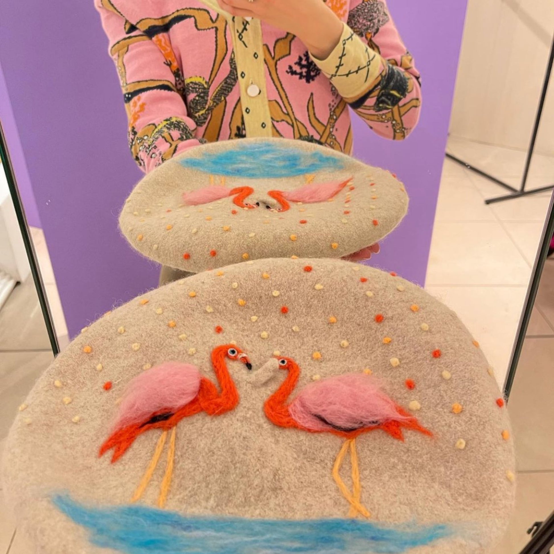 Handmade Beret Hat Flamingo Wool Felt for Women - Dedais Slow Fashion