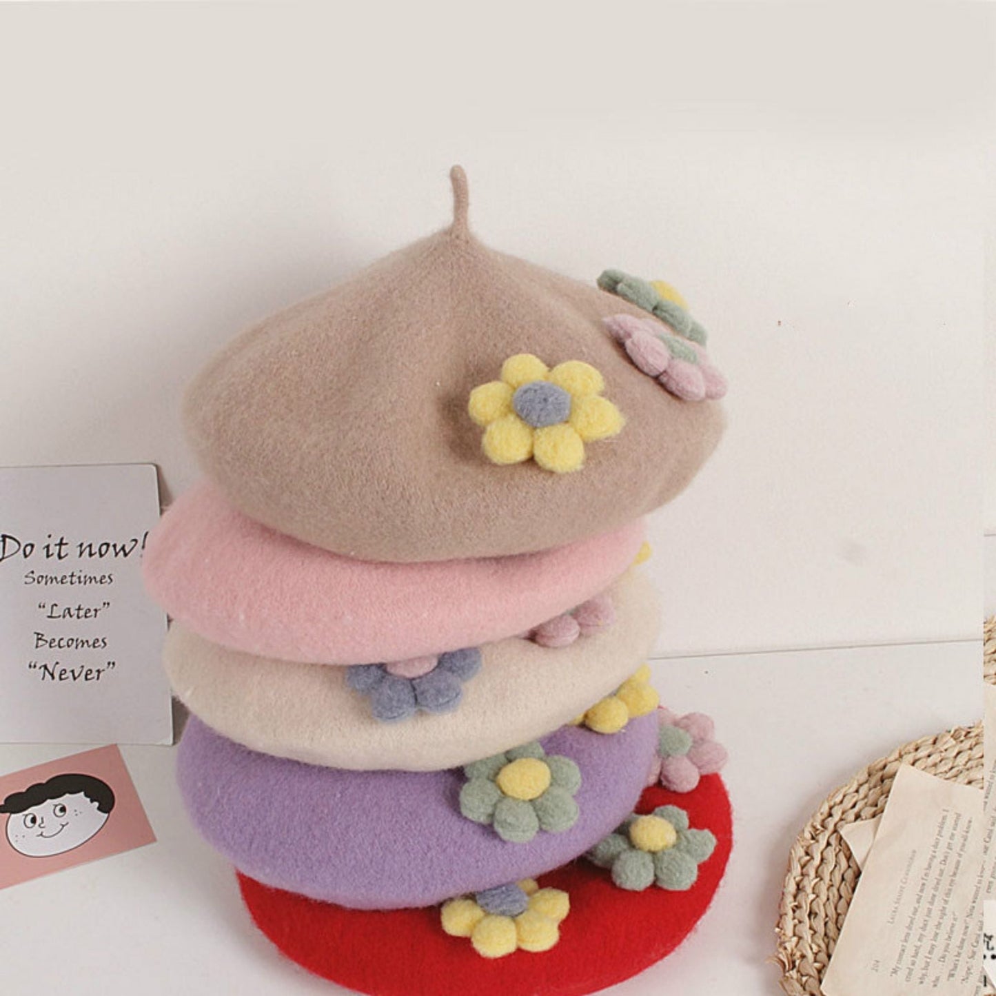 Handmade Beret Hat Wool with Flowers for Girls - Dedais Slow Fashion