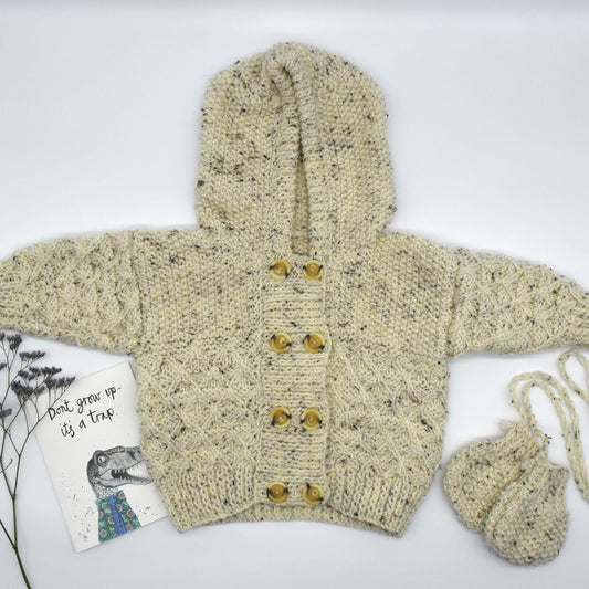 Handmade Knitted Baby Cardigan with Hood and Mittens Natural - Dedais Slow Fashion