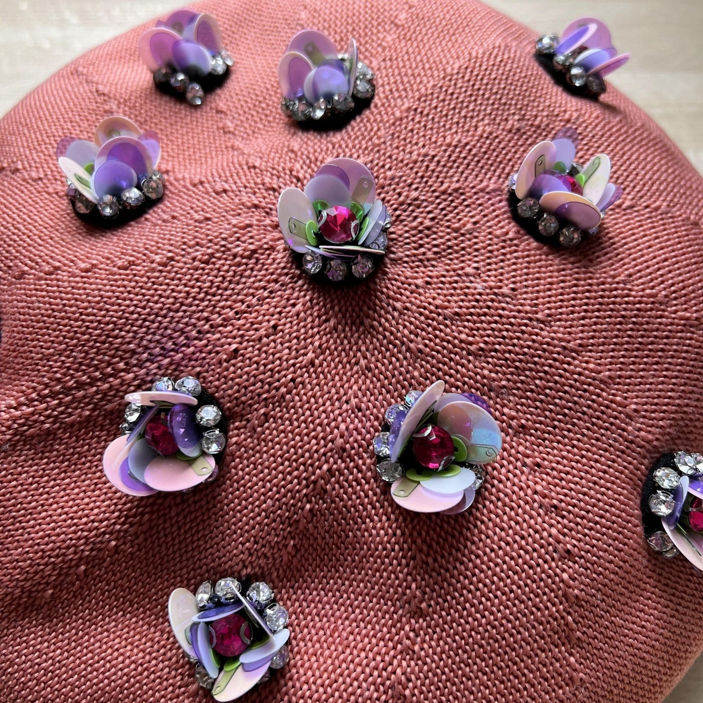 Beret Hat Pink with Flowers Women