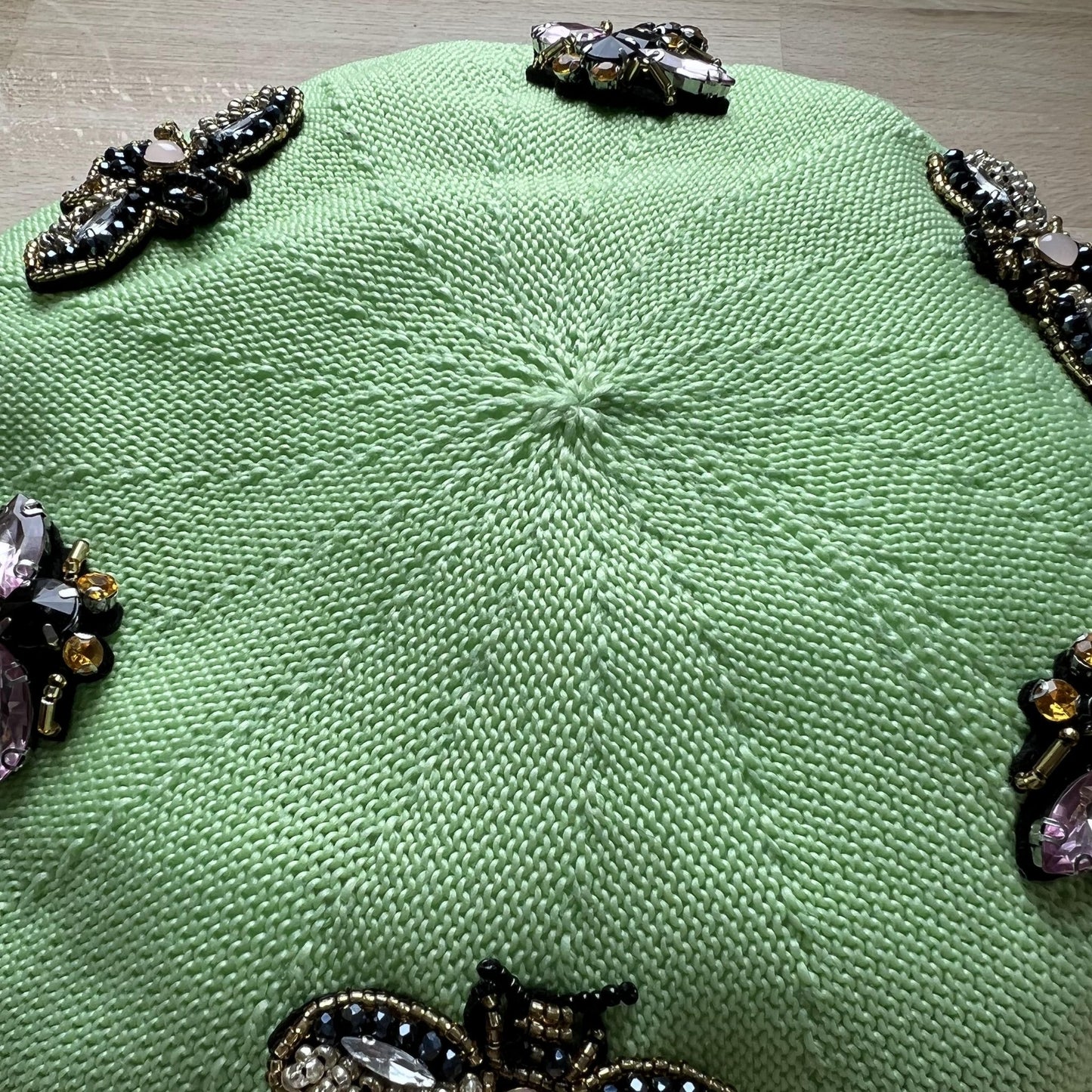 Handmade Green Beret Hat with Embellished Bees