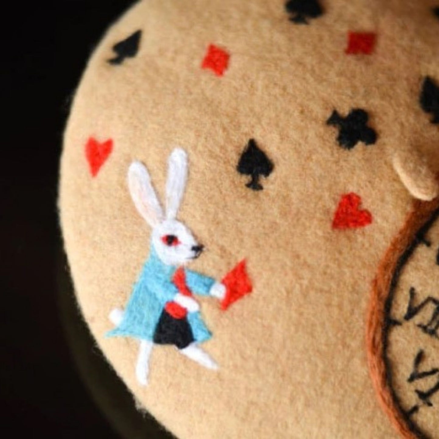 Handmade Beret Hat Wool Embroidered Alice in Wonderland