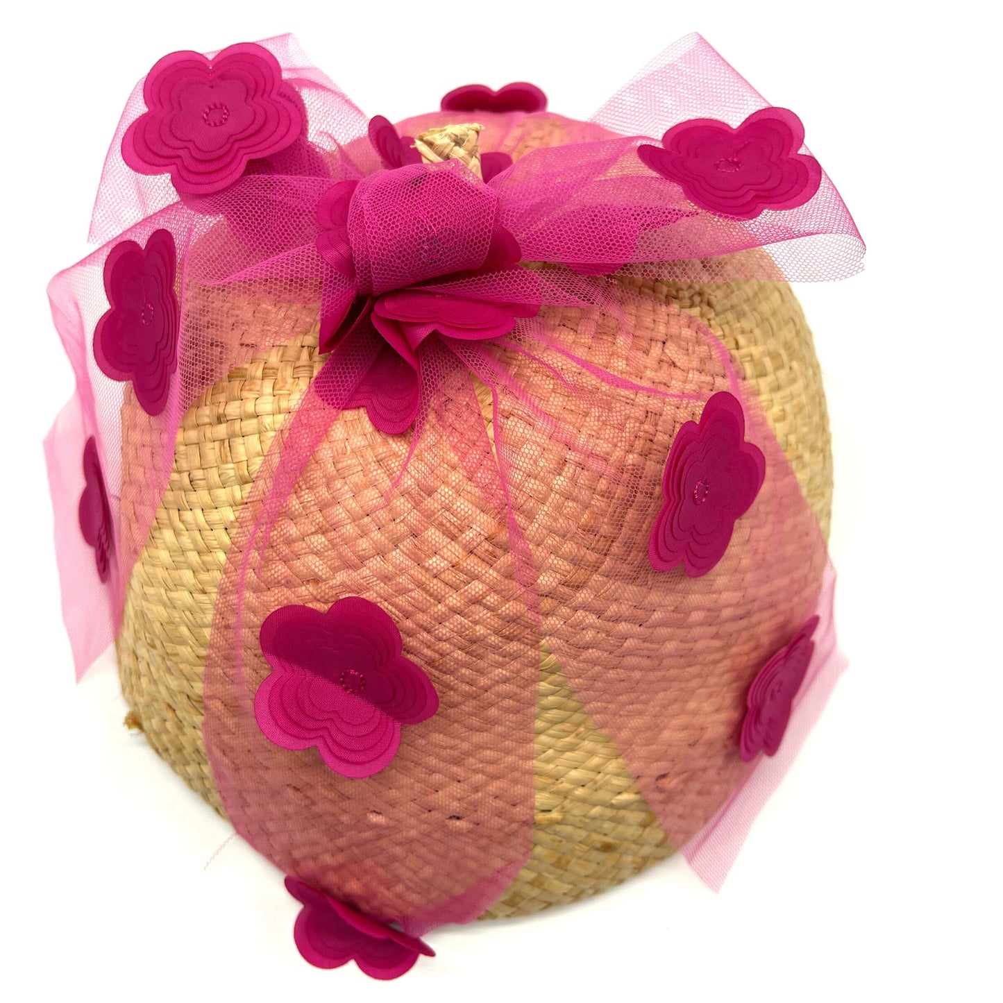 Straw Beret Hat with Pink Flowers for Girls