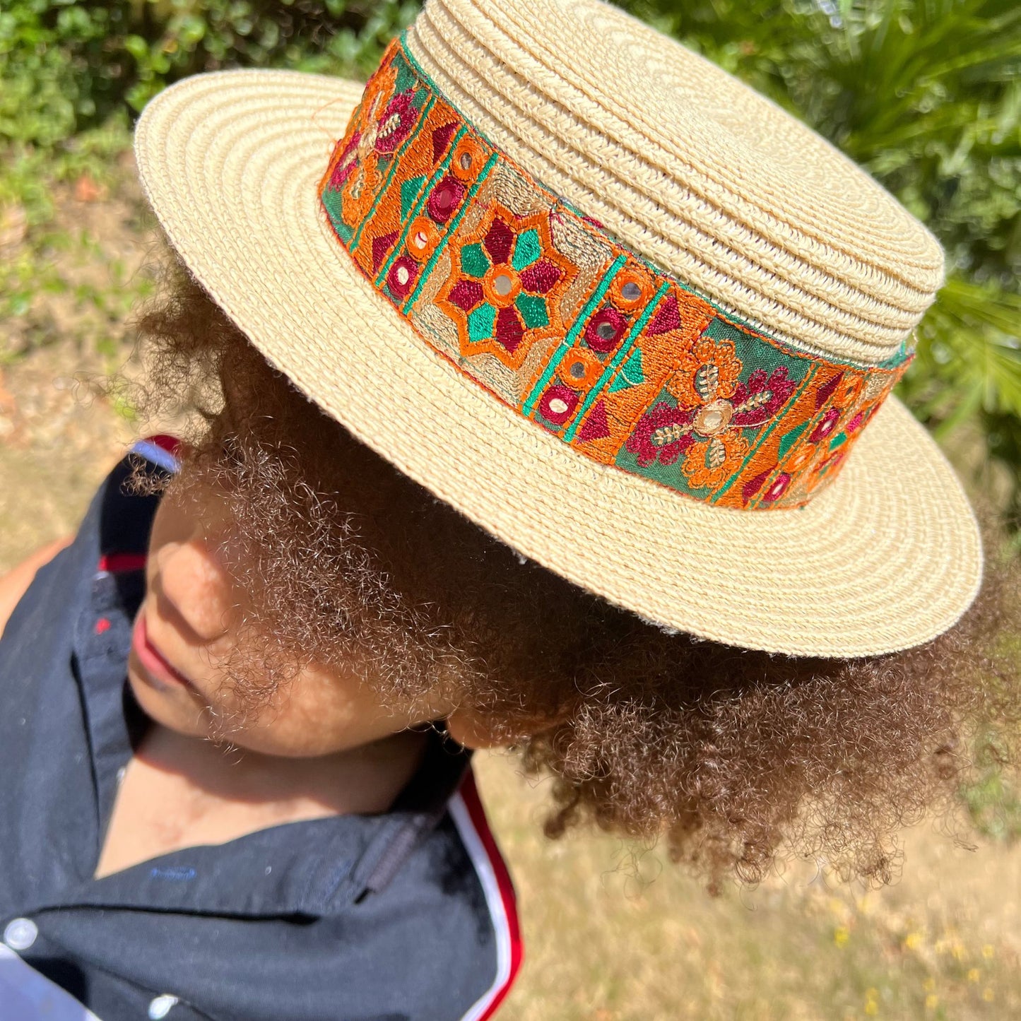 Handmade Boater Hat Small Brim with Hand Embroidered Detail for Women and Kids