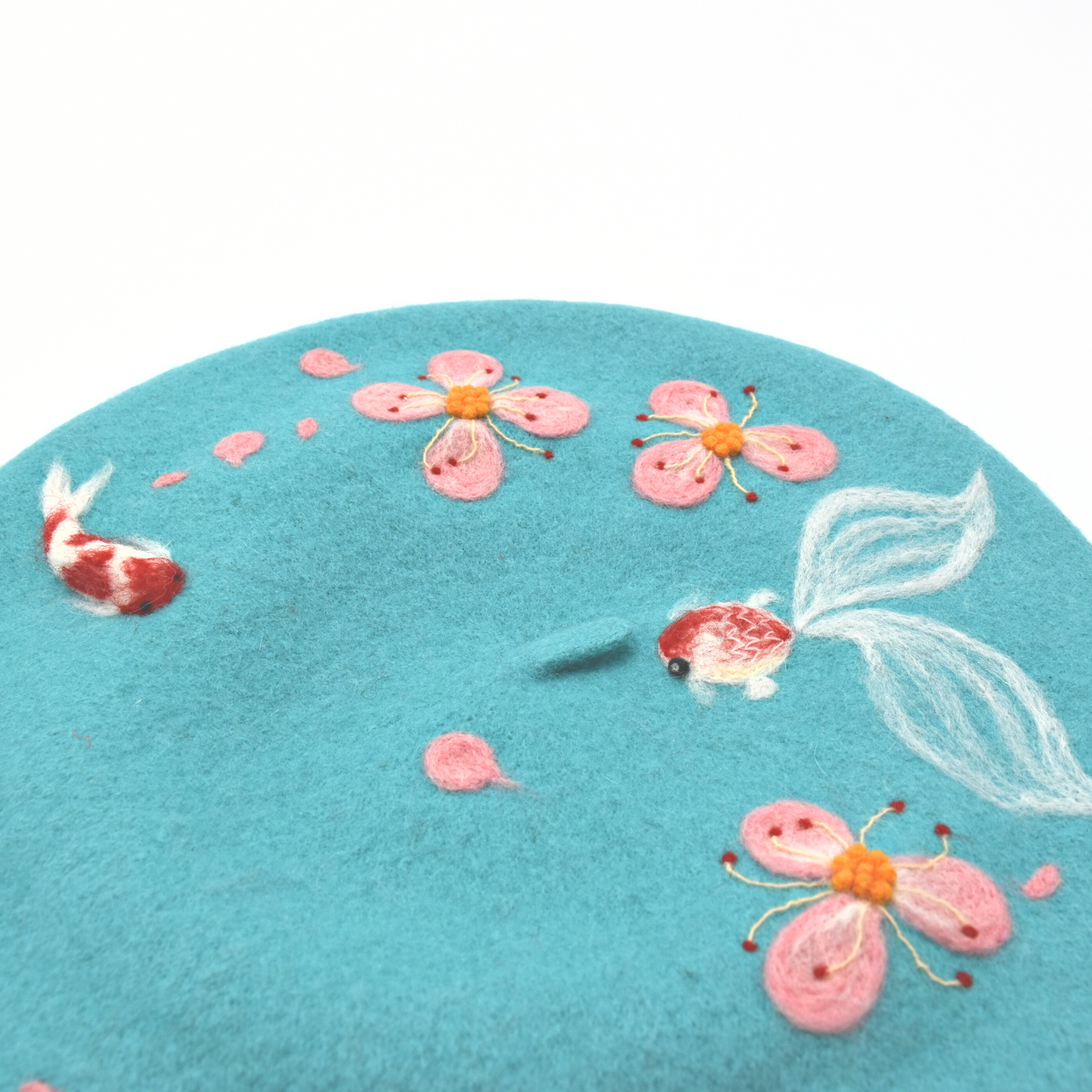 Handmade Embroidered Beret Hat Blue Fish
