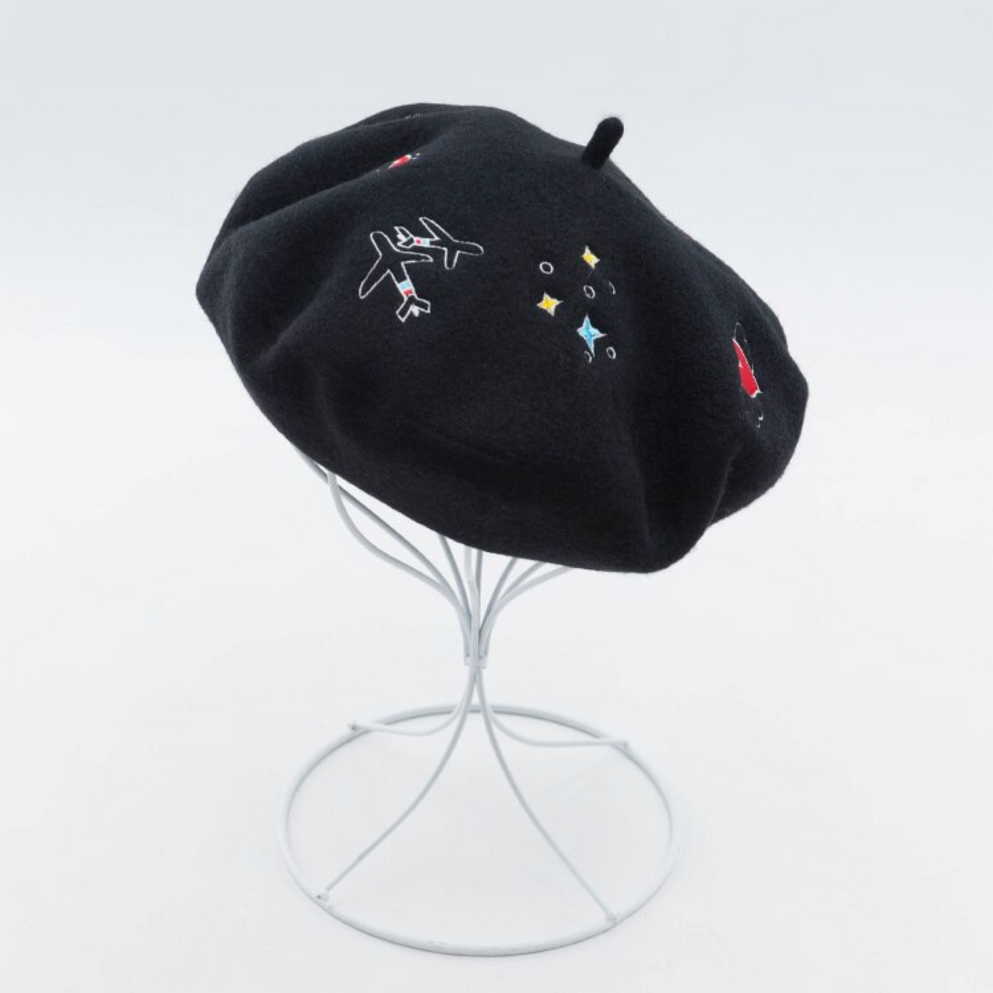 Embroidered Love Beret Hat Black