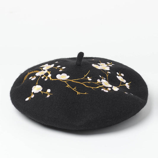 Handmade Winter Beret Hat Black with Embroidered Flowers