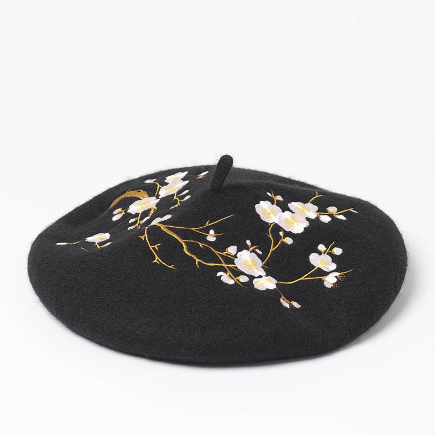 Handmade Winter Beret Hat Black with Embroidered Flowers