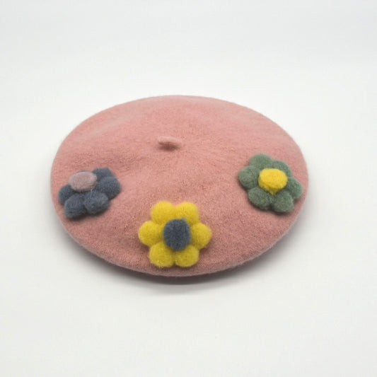 Handmade Beret Hat Wool with Flowers for Girls