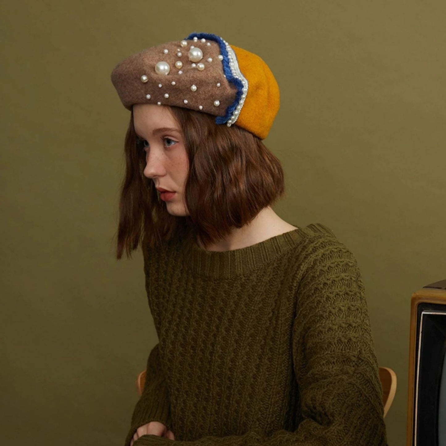 Handmade Wool Beret Hat with Pearls for Women