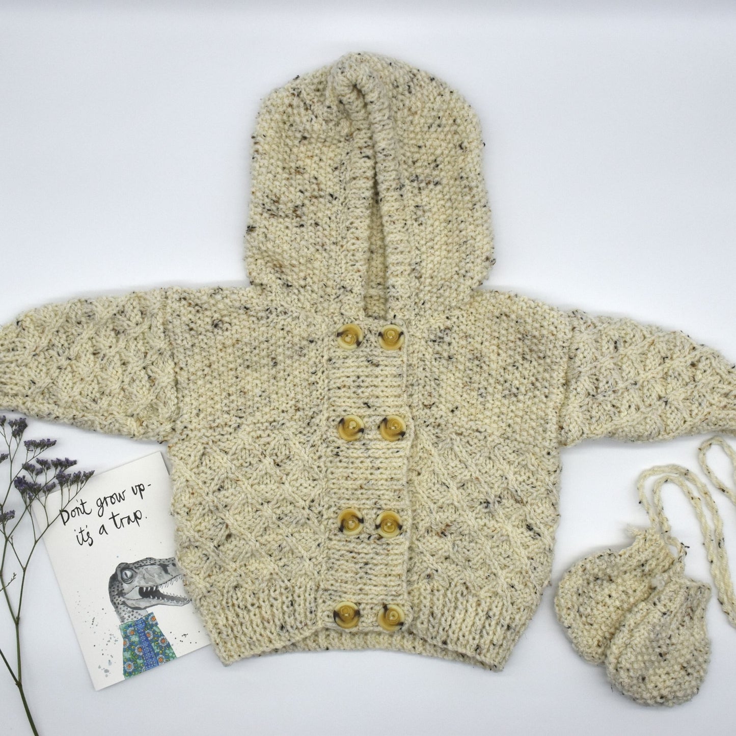 Handmade Knitted Baby Cardigan with Hood and Mittens Natural