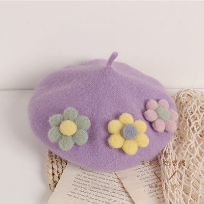 Handmade Beret Hat Wool with Flowers for Girls