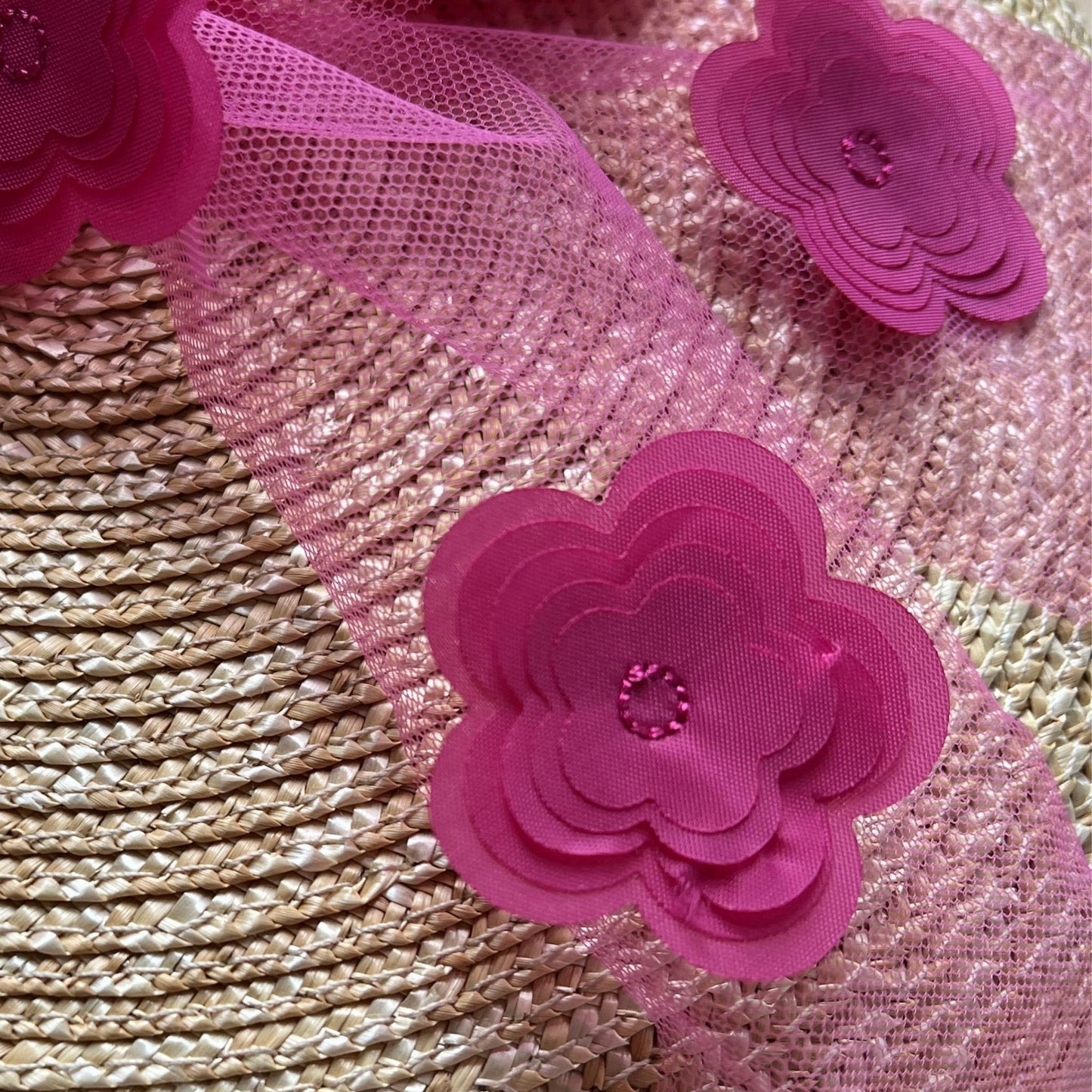 Straw Beret Hat with Pink Flowers for Women