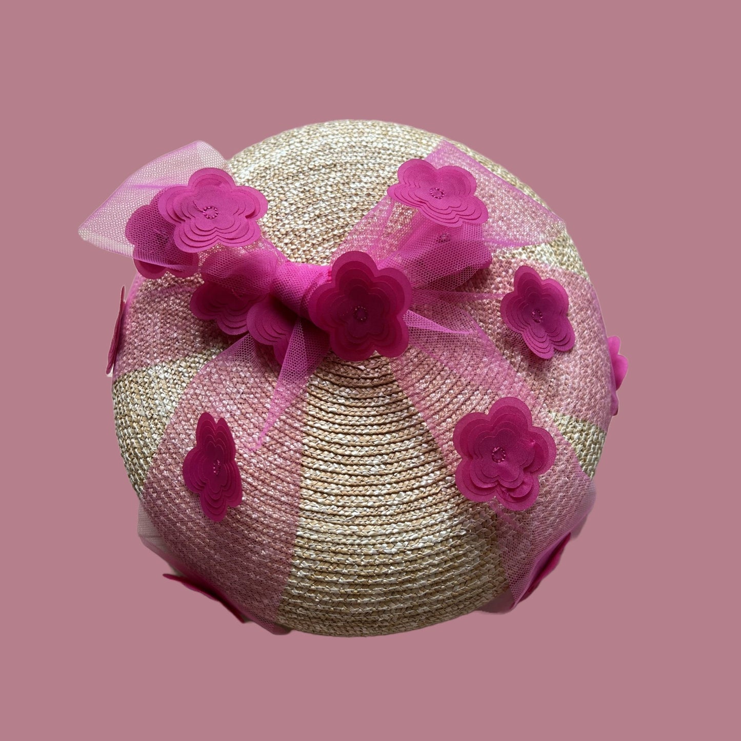 Straw Beret Hat with Pink Flowers for Women