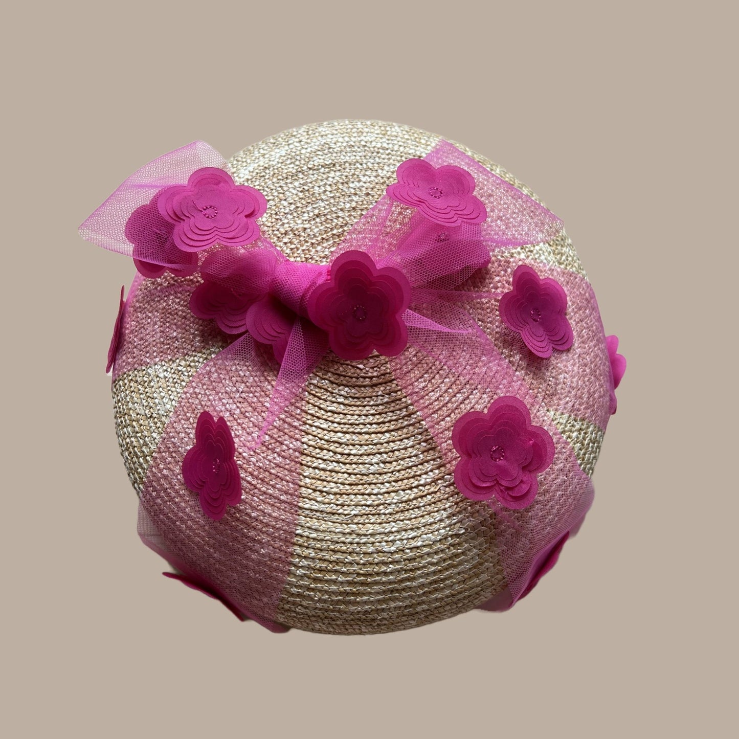 Straw Beret Hat with Pink Flowers for Women